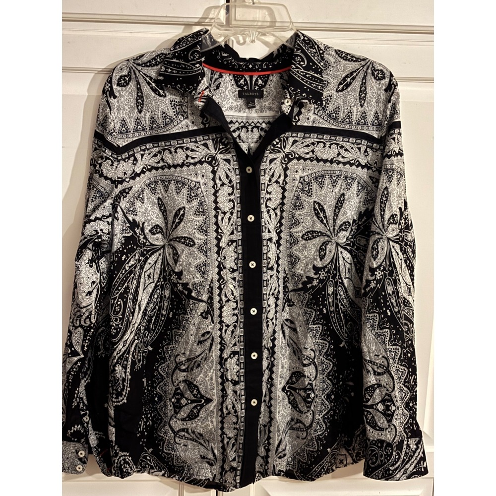 Talbots Womens Large Black White Paisley Medallion Cotton Button Down Blouse